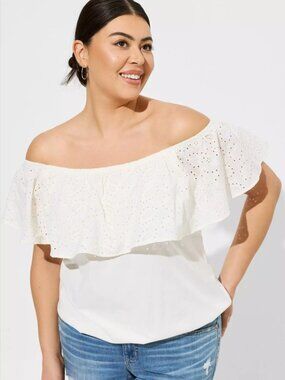 Torrid White Off Shoulder Eyelet Top NWT Size 3 Vintage Cotton Jersey Plus Size
